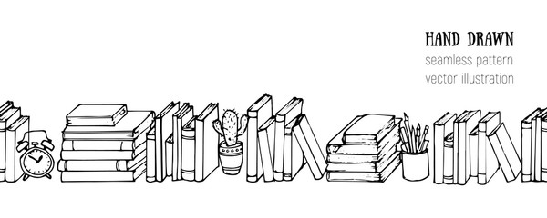 Naklejka premium Doodle horizontal seamless vector pattern. Hand drawn Books, Notebooks, Notepads and Diaries. Sketch Stack of books. Office stuff, student desk. Cartoon style illustration. School, college elements. 