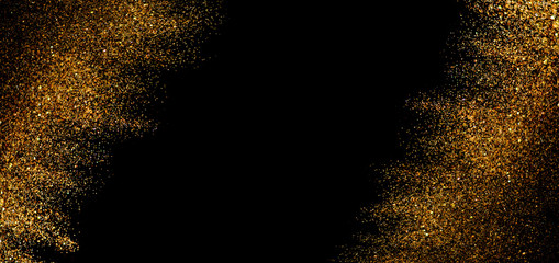 Frame made of gold glitter on black background, top view with space for text