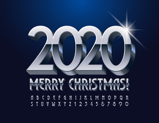 Vector stylish Greeting Card Merry Christmas 2020! Silver 3d Font. Metallic Alphabet Letters and Numbers.