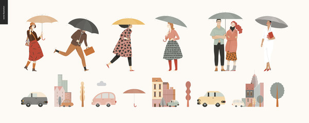 Rain - walking people set -modern flat vector concept illustration of people with umbrella, walking or standing in the rain in the street, city houses and cars.