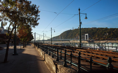 Fototapeta na wymiar View of old tourist city bridges street building in daytime, Budapest, Hungary, Europe