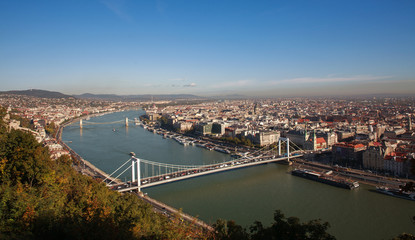 Fototapeta premium View of old tourist city bridges street building in daytime, Budapest, Hungary, Europe