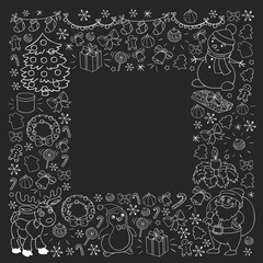 Merry Christmas and happy new year. Santa Claus, deer, snowman, penguin. Vector pattern.