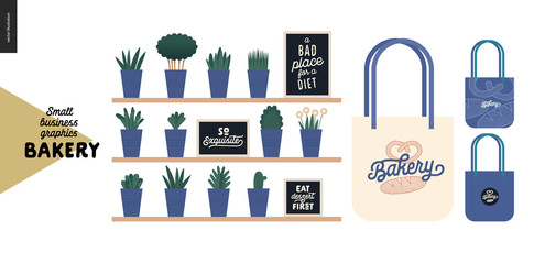 Bakery - small business illustrations - decoration -modern flat vector concept illustration of shop interior decoration - plants and quotes on blackboards, and branded tote bag - constructor set