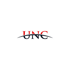 Initial letter UNC, overlapping movement swoosh horizon logo company design inspiration in red and dark blue color vector