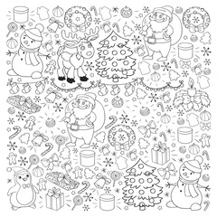 Merry Christmas and happy new year. Santa Claus, deer, snowman, penguin. Vector pattern.