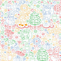 Merry Christmas and happy new year. Santa Claus, deer, snowman, penguin. Vector pattern.