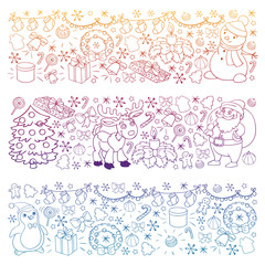 Merry Christmas and happy new year. Santa Claus, deer, snowman, penguin. Vector pattern.