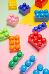 Colored toy bricks / Colorful children building bricks / Top view