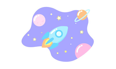 Rocket in space vector illustration. Flat image of rocket in open space, with stars and planets - Jupiter, Saturn and Mars. Pastel palette.