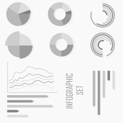 Set of infographics with diagrams and graphs. 9 grayscale elements.