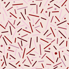 Stylish abstract seamless background. Rounded lines, sticks and circles.  Purple and pink shades.