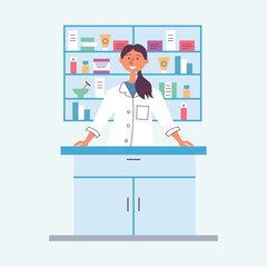 Brunette pharmacist girl behind the counter. Seller of medical drugs. The modern pharmacy. Vector