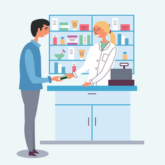 Pharmacist girl accepts payment from customer. Payment by credit debit card. Seller of medicines. The modern pharmacy. Cash register. Vector