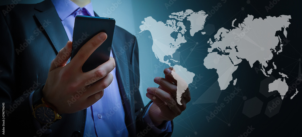 Poster businessman touching on world map with futuristic communication interface.