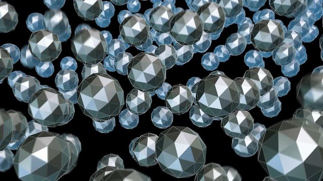 Geometric laser background of lowpoly bouncing balls. Seamless metal retro futuristic animation 