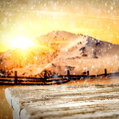 Snowy glittering winter landscape with space for products and decorations.