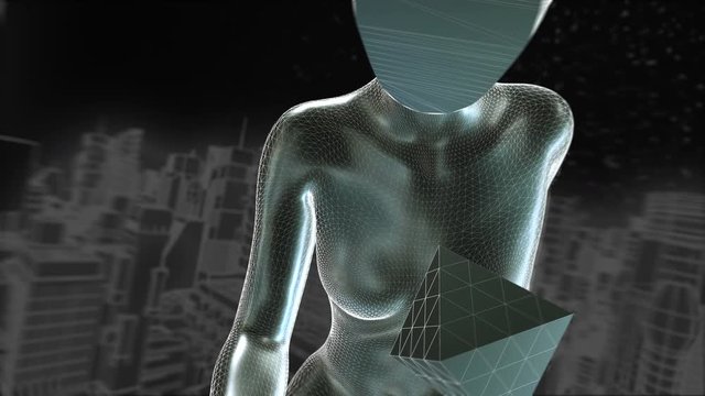 Geometric laser woman figure walking isolated with green screen. Seamless metal retro futuristic animation with transparency