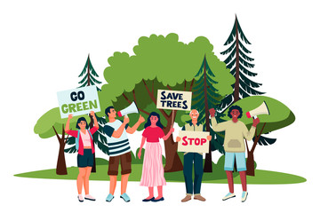Environmental activists campaign against deforestation. Vector illustration. Saving forests and trees eco concept.