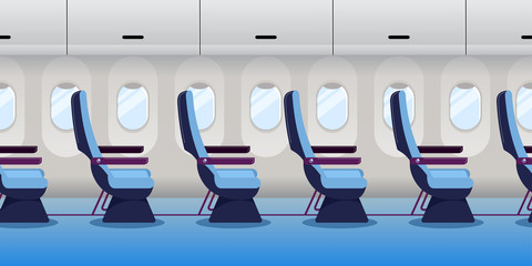 Airplane inside. Empty plane interior, seamless horizontal background. Vector flat cartoon illustration © Qualit Design