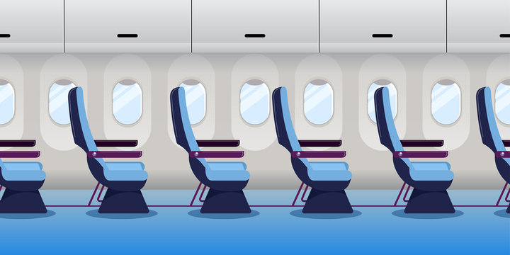 Airplane inside. Empty plane interior, seamless horizontal background. Vector flat cartoon illustration