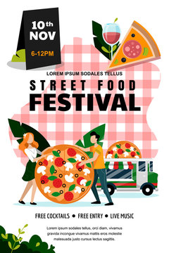 Street Food Festival Poster, Banner Design Template. Vector Illustration. Italian Food Truck And Couple With Large Pizza