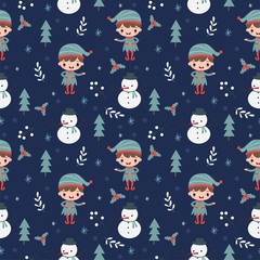 elf ,snowman and Christmas elements seamless pattern