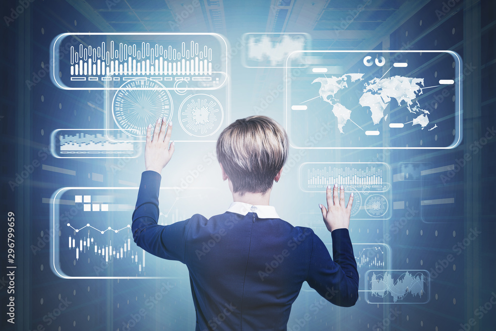 Poster woman in data center working with hud interface