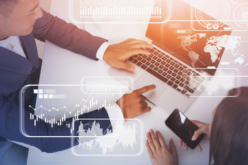 People with gadgets in office, digital interface