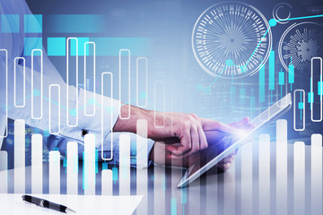 Businessman with tablet in office, HUD interface