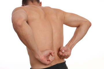 Man suffering from back and neck pain. Muscle spasm, .Chiropractic concept. Sport exercising injury
