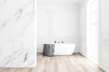 Luxury white marble bathroom interior with tub