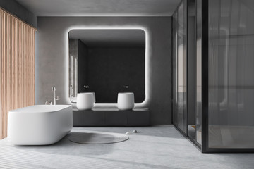 Fototapeta na wymiar Concrete bathroom with tub, sink and shower