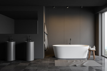 Gray bathroom interior with double round sink