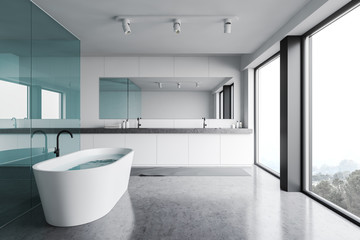 White and blue glass bathroom with double sink