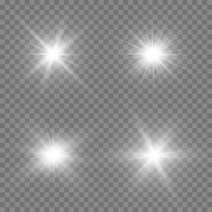  Set of bright beautiful stars. Light effect. Bright Star. Beautiful light to illustrate. Christmas star. White glitter sparkles with special light effect. Vector sparkles on a transparent background.