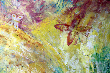 Abstract background with butterflies painted on canvas in oil