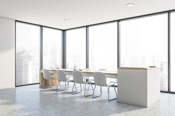 Fototapeta na wymiar Panoramic white dining room with long table