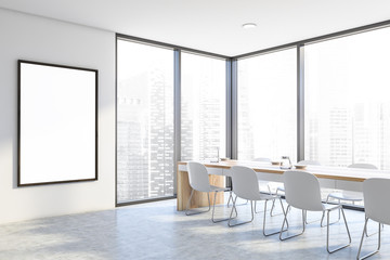 Panoramic white dining room with poster