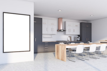 White and gray kitchen with mock up poster, table