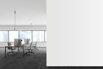 Panoramic white open space office, mock up wall
