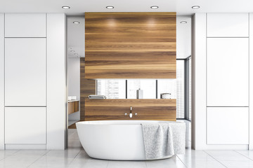 Wooden and white bathroom interior with tub