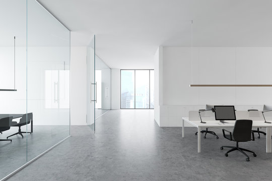 White open space office with conference room