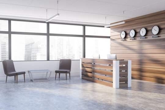 White and wooden office waiting room and reception