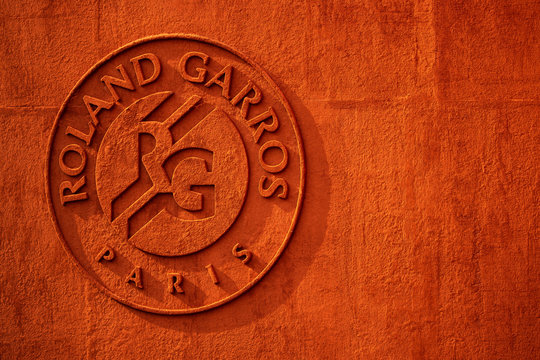 Paris, Tennis French Open 2018, brand, logo of Roland Garros displayed on clay imitating wall inside the stadium