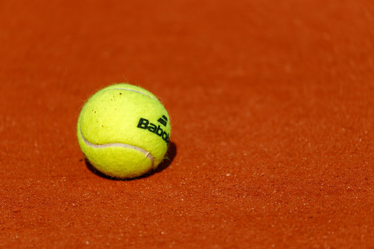 Paris, Tennis French Open 2018, detailed branded ball on clay court