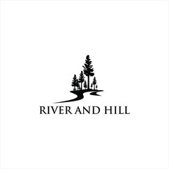 meadow logo river valley black pine, tree vector silhouette illustration for landscape design or print art template 