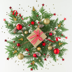 Christmas composition.Gift bauble star pine top view background with copy space for your text. Flat lay.