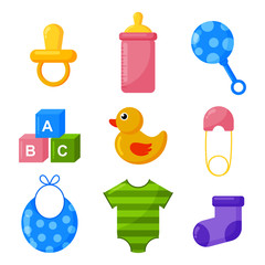 newborn items. toys and clothes icons. baby care supplies on white background. vector Illustration.
