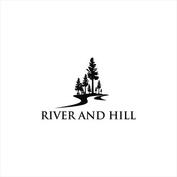 meadow logo river valley black pine, tree vector silhouette illustration for landscape design or print art template 
